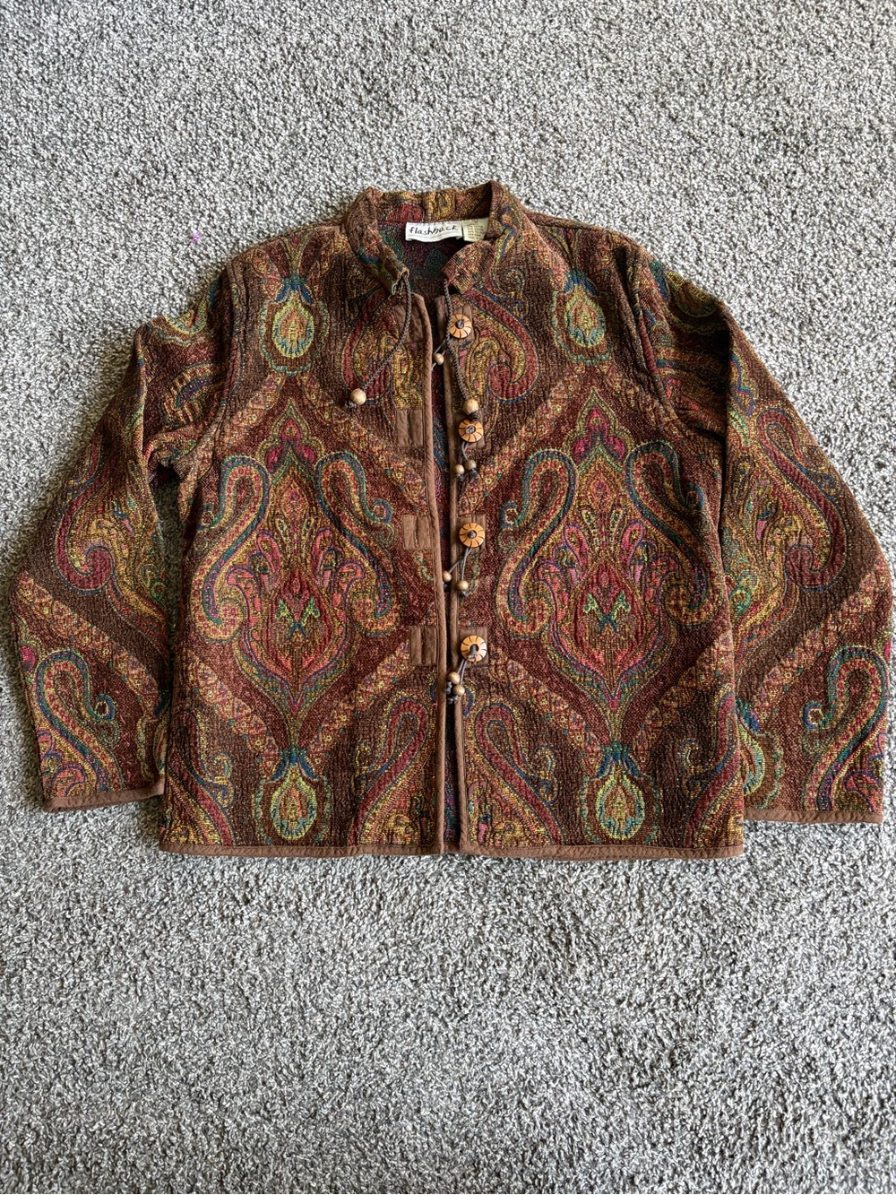 Vintage Tapestry Paisley-Patterned Brown Women's Jacket with unique buttons